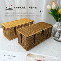 Pastoral Style Rattan Weave Power Strip Storage Box Data Cable Organizer Basket for Desktop Bedroom