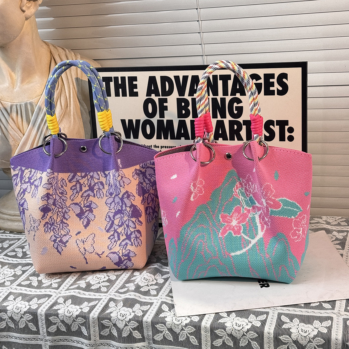Knitted Portable Lunch Bag with Handle, Large Capacity Commuter Tote for Gifts and Everyday Use