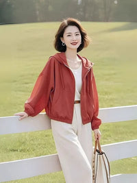 Women's Hooded Cropped Sun Protection Jacket Lightweight Loose Casual Coat