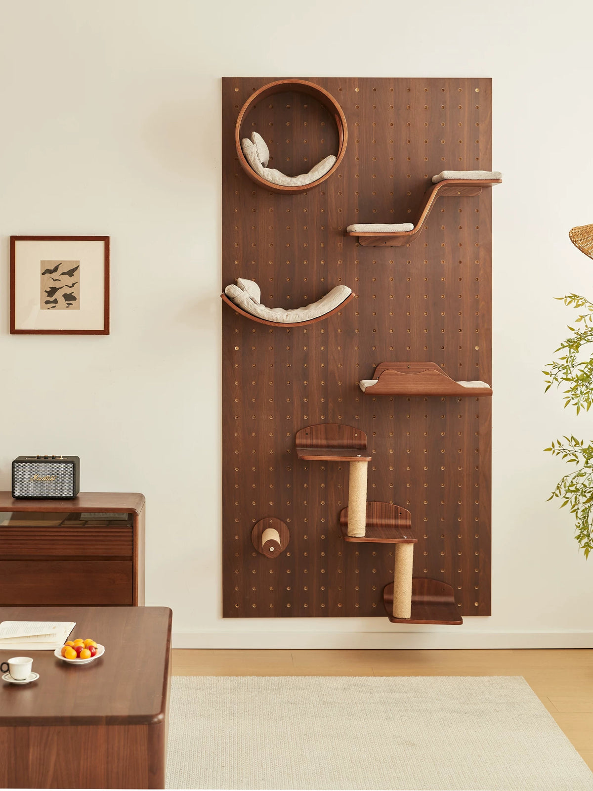 CURRY Walnut Wood Wall-Mounted Cat Climbing Frame with Integrated Cat Bed for Small Spaces