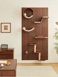 CURRY Walnut Wood Wall-Mounted Cat Climbing Frame with Integrated Cat Bed for Small Spaces