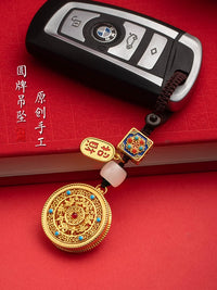 Vintage Gold Fortune Charm Car Keychain Pendant with God of Wealth and Peace Amulet