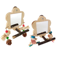Parrot Mirror Toy with Perch for Cockatiels Budgies Lovebirds, Chewing String, Grinding Claw Stand