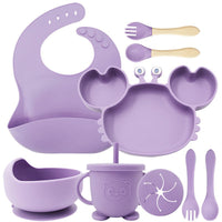Kids Silicone Dinnerware Set Crab Plate Baby Feeding Bowl Spoon Fork Bib