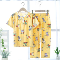 Kids' Summer Pajama Set, Thin Cotton Blend Short Sleeve Top & Long Pants for Boys and Girls