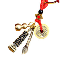 Brass Five-Emperor Coin Keychain with Wenchang Pagoda and Brush Charms