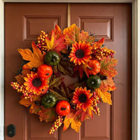 Autumn Harvest Sunflower Pumpkin Maple Leaf Wreath for Halloween & Thanksgiving Door Decor