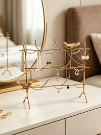 Iron Tree-Shaped Earring Holder Jewelry Display Stand with Bird Decor