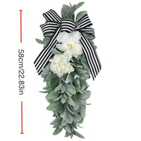 Peony Bunny Ear Wreath Farmhouse Black White Stripe Bow Faux Flower Door Hanger