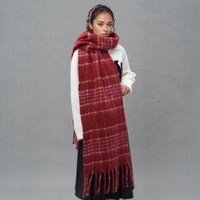 Plaid Wool Blend Tassel Scarf for Winter, Korean Style Mohair Warm Neck Wrap for Men and Women