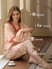Qiulu Women's Cotton Pajama Set with French Lace Trim, 10A Antibacterial, Nine-Point Pants, Loungewear for Women