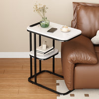 Modern Minimalist Side Table with Charging Port, Small Square Rock Board Coffee Table for Sofa Bedside