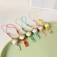 Japanese Ceramic Lucky Cat Bag Charm with Alloy Blessing Tag