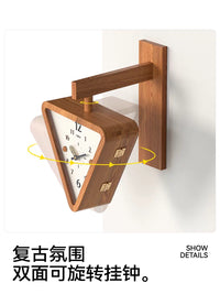 Mishida Solid Wood Double-Sided Corner Wall Clock Silent Creative Rotating Triangle Clock for Living Room