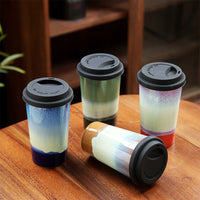 Ceramic Kiln-Fired Gradient Coffee Mug with Silicone Lid - Portable Capsule Cola Cup