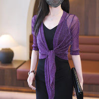 Women's Shimmer Mesh Cardigan Shrug with Lace Trim, Plus Size Sun Protection Air Conditioning Shawl