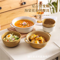 Nordic Ins Style Ceramic Bowl Set with Begonia Flower Pattern, Underglaze Dinnerware for Soup and Noodles