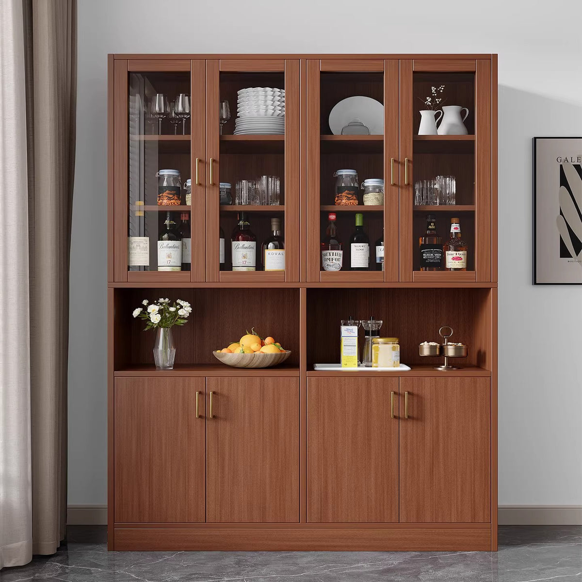 American Retro Walnut Wine Cabinet with Storage and Display Shelves for Living Room