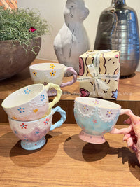 Embossed Butterfly Ceramic Mug with Spoon, Large Capacity Underglaze Coffee Tea Cup, Breakfast Milk Mug for Women