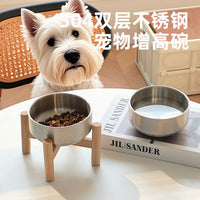 Elevated Stainless Steel Pet Bowl with Wooden Stand for Cats and Small Dogs, Large Capacity, Anti-Tip Design, Neck Protection