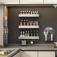 Wall-Mounted Kitchen Organizer Rack with Knife Holder and Spice Storage, Punch-Free