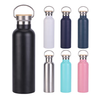 Stainless Steel Insulated Water Bottle with Bamboo Lid, Large Capacity Travel Flask with Handle