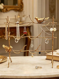 Iron Tree-Shaped Earring Holder Jewelry Display Stand with Bird Decor