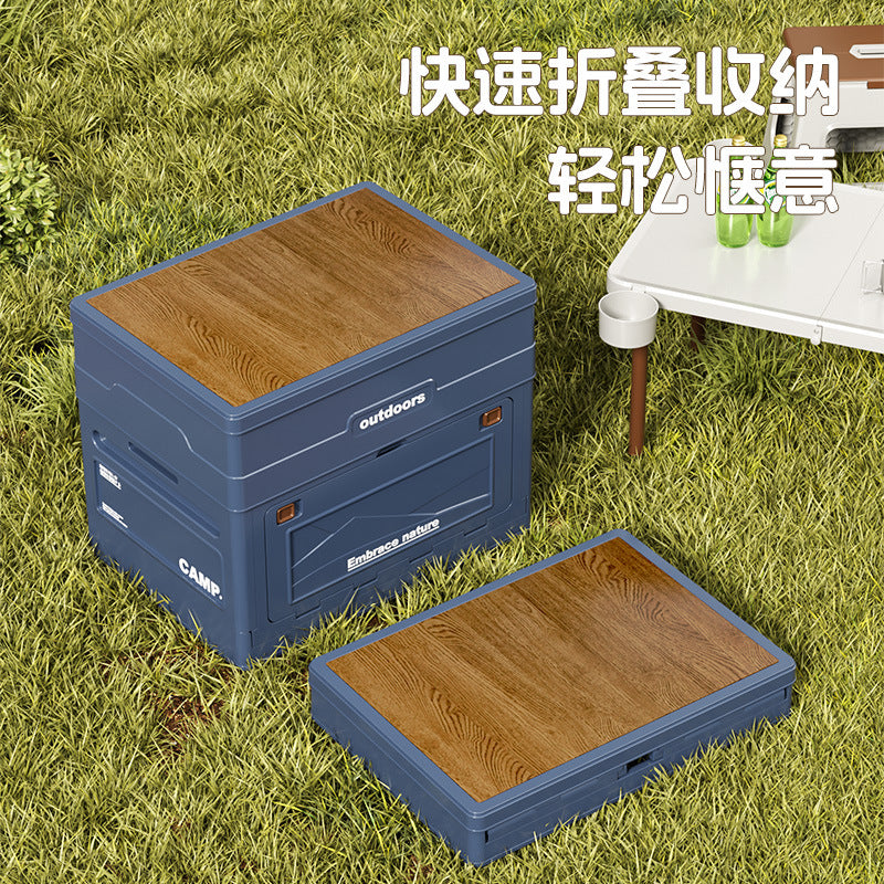 Outdoor Camping Folding Storage Box with Wooden Lid, Car Trunk Picnic Organizer