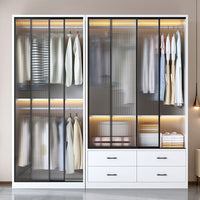 Modern Minimalist Sliding Door Wardrobe for Home Bedroom, Light Luxury Small Apartment Combination Glass Door Cloakroom Closet