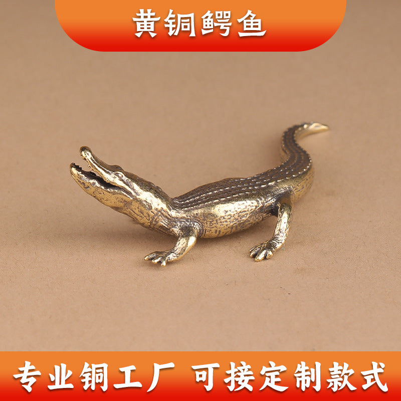 Pure Brass Crocodile Figurine Desktop Ornament Paperweight Tea Pet Collectible