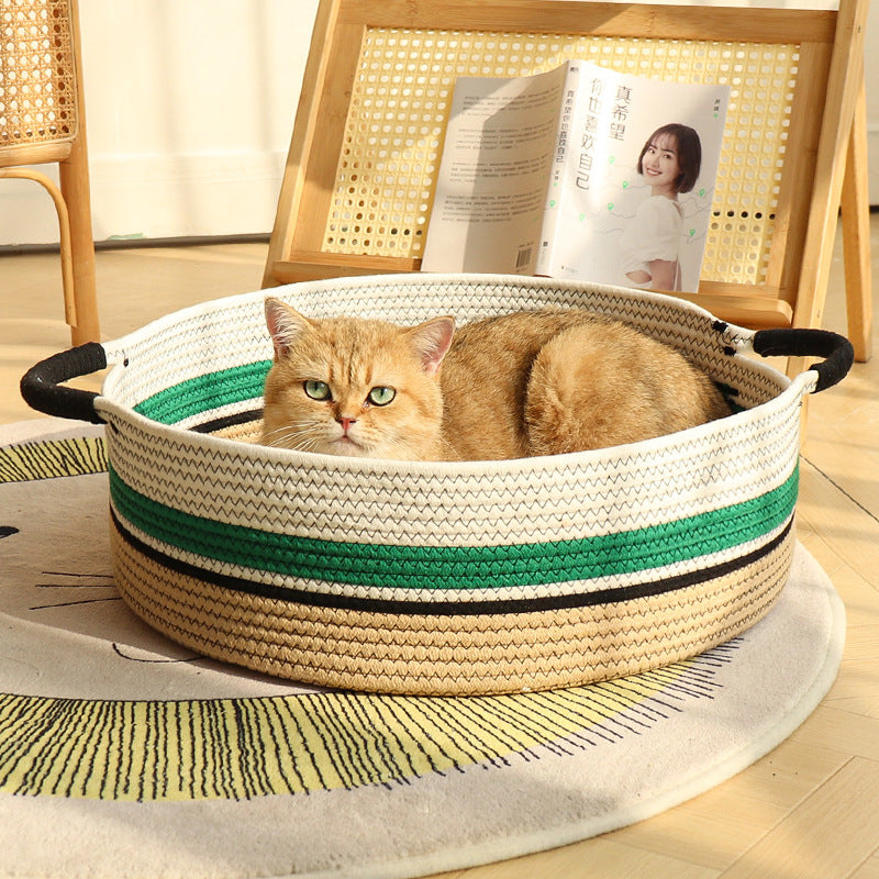 Hand-Woven Rattan Cat Bed with Scratching Board, All-Season Pet Nest with Optional Cushion