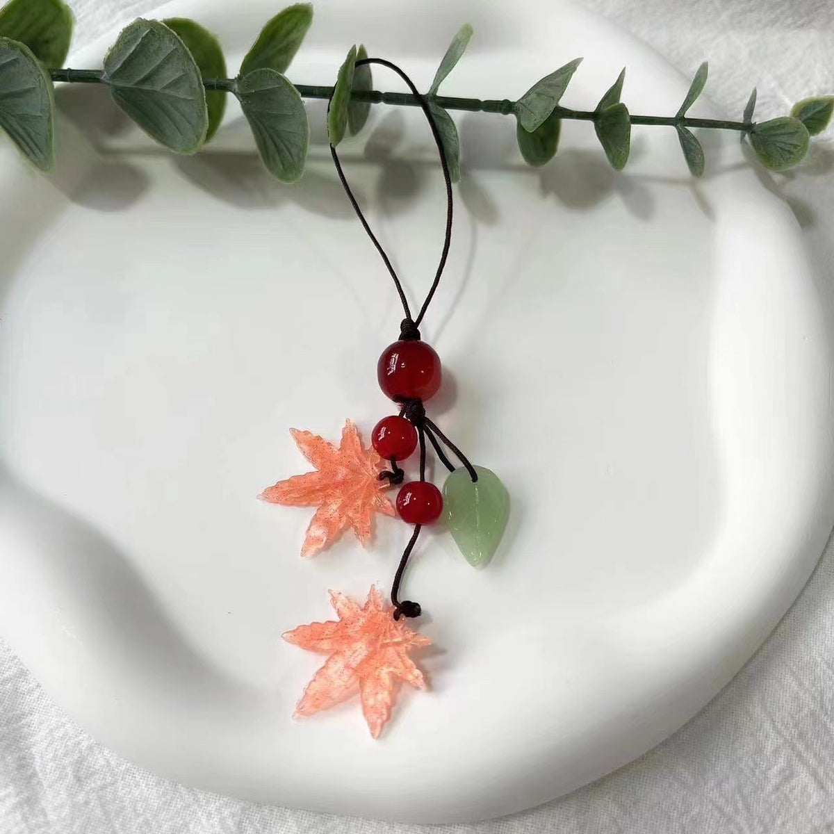 Maple Leaf Red Beaded Phone Charm Keychain Hand-Woven Pendant for Students