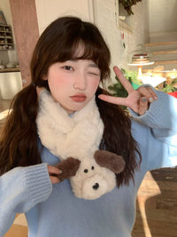 Japanese Style Puppy Plush Cross Scarf for Women, Thickened Warm Winter Neck Warmer