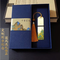 Chinese Style Hand-Painted Brass Bookmark with "A Thousand Miles of Rivers and Mountains" Design, Customizable Engraving for Gifts