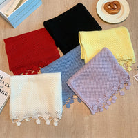 Floral Tassel Hollow Knit Scarf for Women, Thin Korean Style Solid Color Warm Neck Wrap