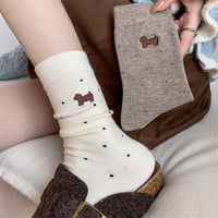 Women's Cashmere Blend Dachshund Embroidered Polka Dot Mid-Calf Socks