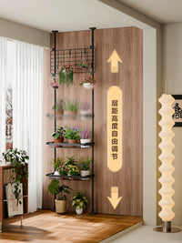 Adjustable Tension Rod Plant Stand with Multi-Tier Shelves and Baskets for Balcony and Indoor Display