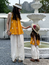 Mother-Daughter Matching Embroidered Vest & Lace Wide-Leg Pants Set for Summer Vacation