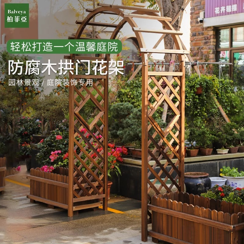 Wooden Garden Arch with Planter Boxes and Trellis Gate for Climbing Plants, Outdoor Patio Decor