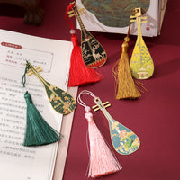Classical Chinese Pipa Bookmark with Tassel, Metal Engraved Gift for Students and Girls
