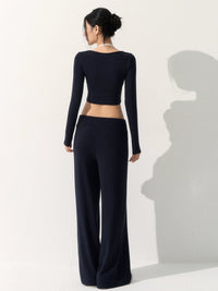 Naiqiao Women's Yoga Set with Chest Pads, High-End Sports Wear, Pilates Fitness Long-Sleeved Top & Wide-Leg Pants