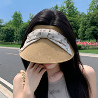 Pearl Polka Dot Bowknot Visor Sun Hat for Women, Outdoor Travel Beach Straw Hat
