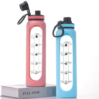 Large Capacity Borosilicate Glass Water Bottle with Scale and Handle, Silicone Sleeve, Portable for Sports and Gifts