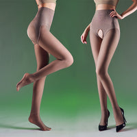 High-Waist Fleece-Lined Thermal Tights with Open Crotch for Women