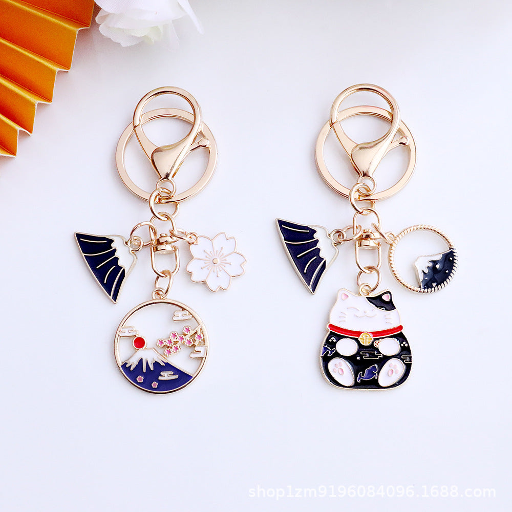 Japanese Style Mount Fuji Cherry Blossom Lucky Cat Keychain Bag Charm Couple Gift