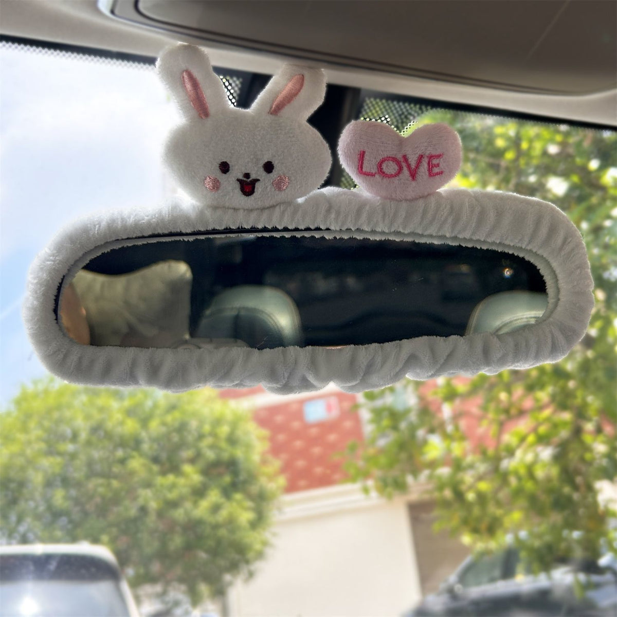Cute Cartoon Animal Rearview Mirror Cover and Seatbelt Pad Set for Car Interior