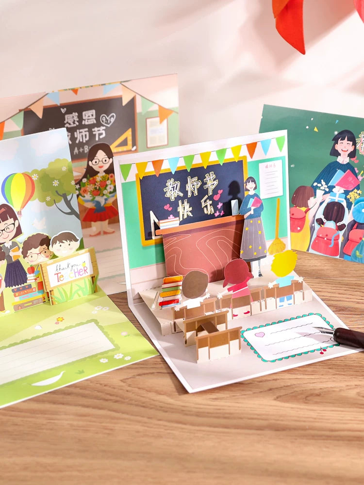3D Pop-Up Greeting Card for Students & Teachers, DIY Creative Cartoon Handwritten Card for Birthday, Holiday, Teacher's Day