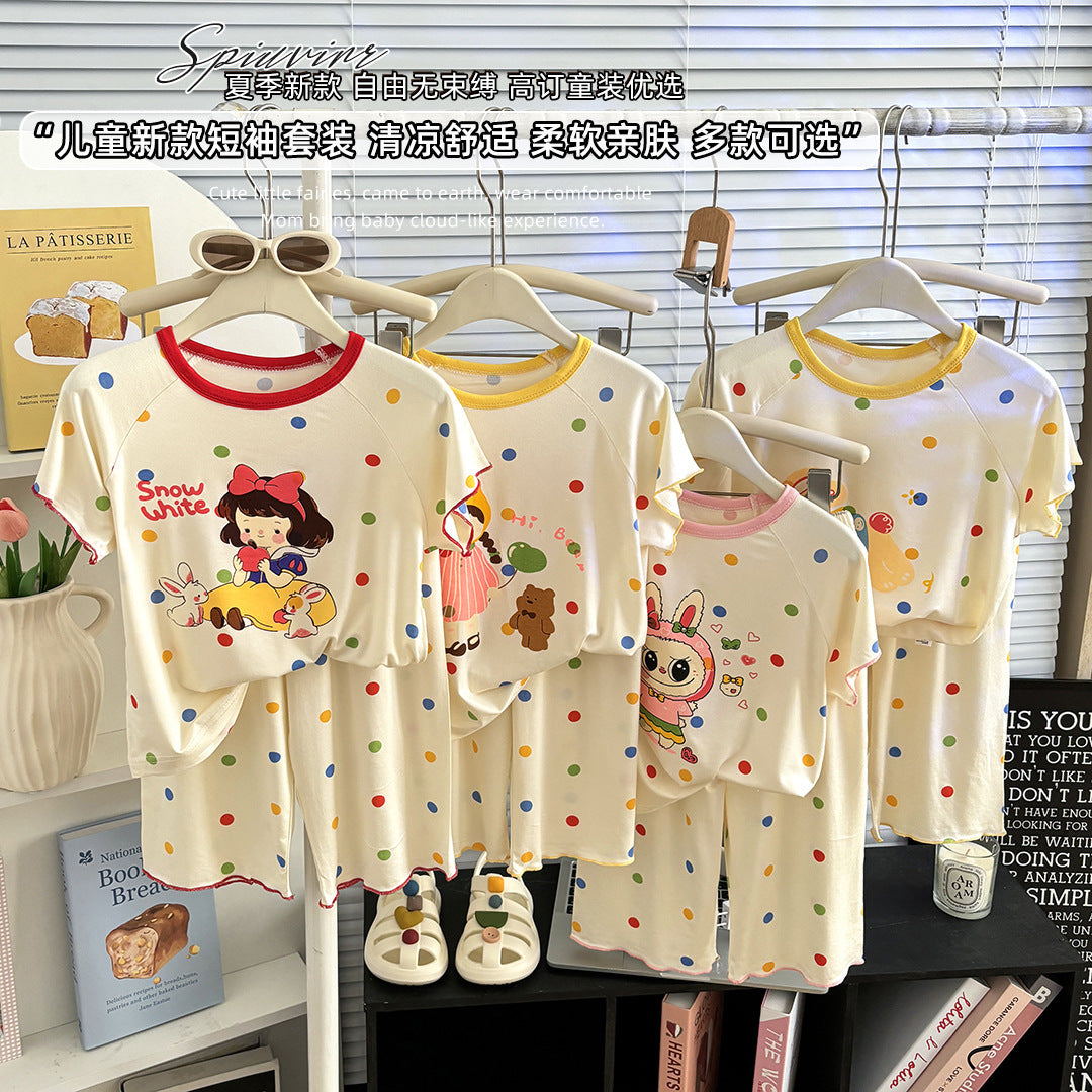 Modal Kids Pajama Set Short Sleeve T-Shirt & Capri Pants Cartoon Sleepwear for Girls