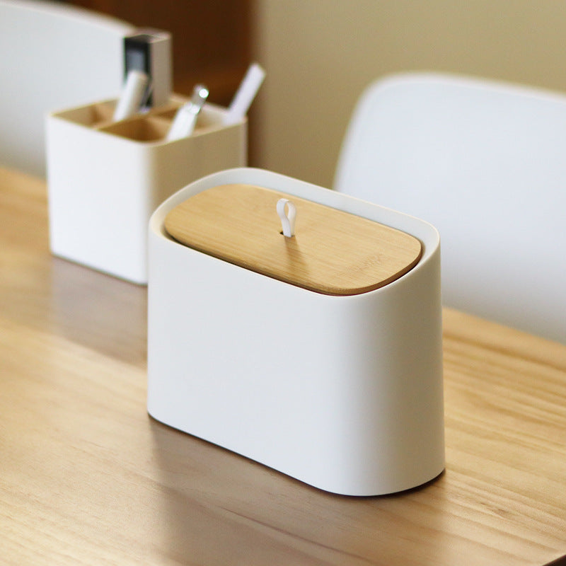 Japanese Style Desktop Trash Can with Bamboo Lid for Office Home Living Room Hotel