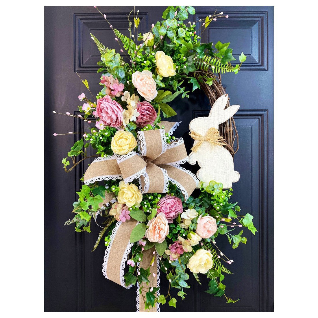 Easter Bunny Floral Wreath for Front Door, Spring Countryside Decor